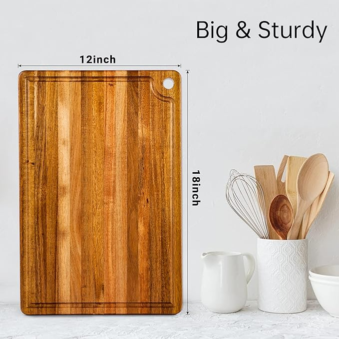 Wood Cutting Boards for Kitchen, Large Cutting Board, Wooden Cutting Boards with Juice Grooves, Chopping Board for Meat, Veggies, Easy Grip Handle
