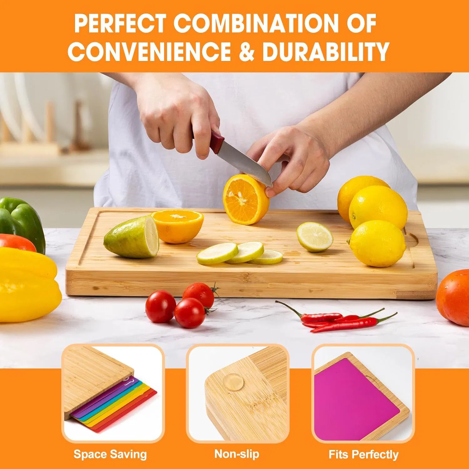 Natural Bamboo+PP Cutting Board Set with 7 Color-Coded Flexible Plastic Cutting Boards with Food Icons Wooden Cutting Boards