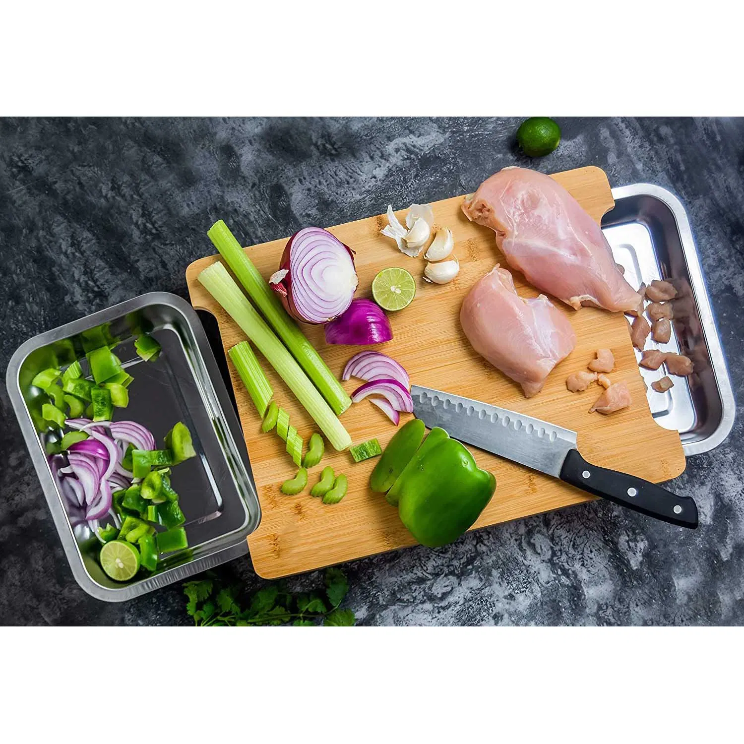 Bamboo Wood Cutting Board Set with Double Stainless Steel Container, Chopping Board, Chopping Blocks for Kitchen