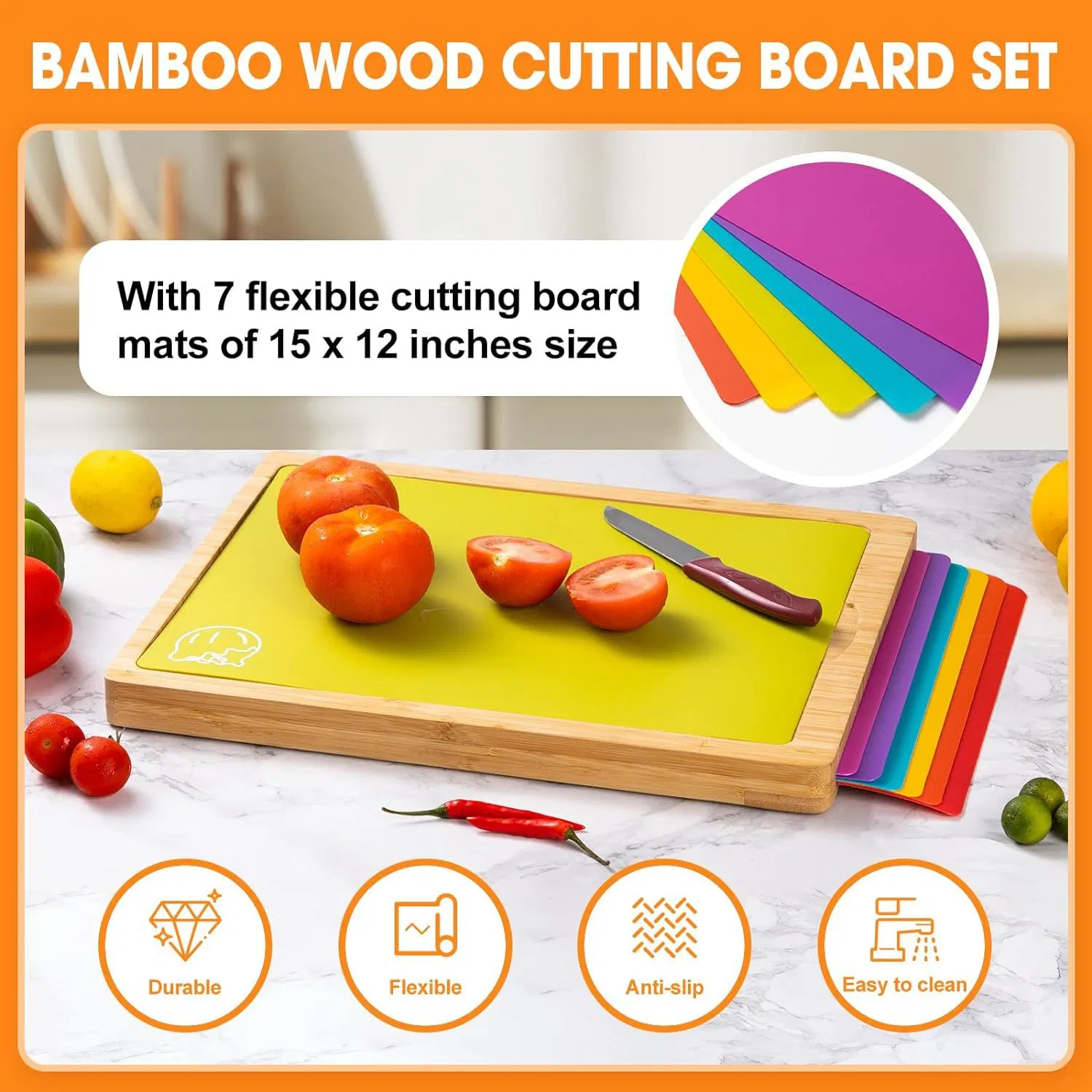 Natural Bamboo+PP Cutting Board Set with 7 Color-Coded Flexible Plastic Cutting Boards with Food Icons Wooden Cutting Boards