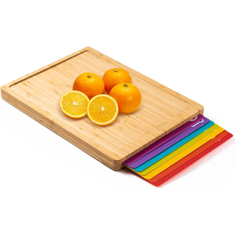 Natural Bamboo+PP Cutting Board Set with 7 Color-Coded Flexible Plastic Cutting Boards with Food Icons Wooden Cutting Boards