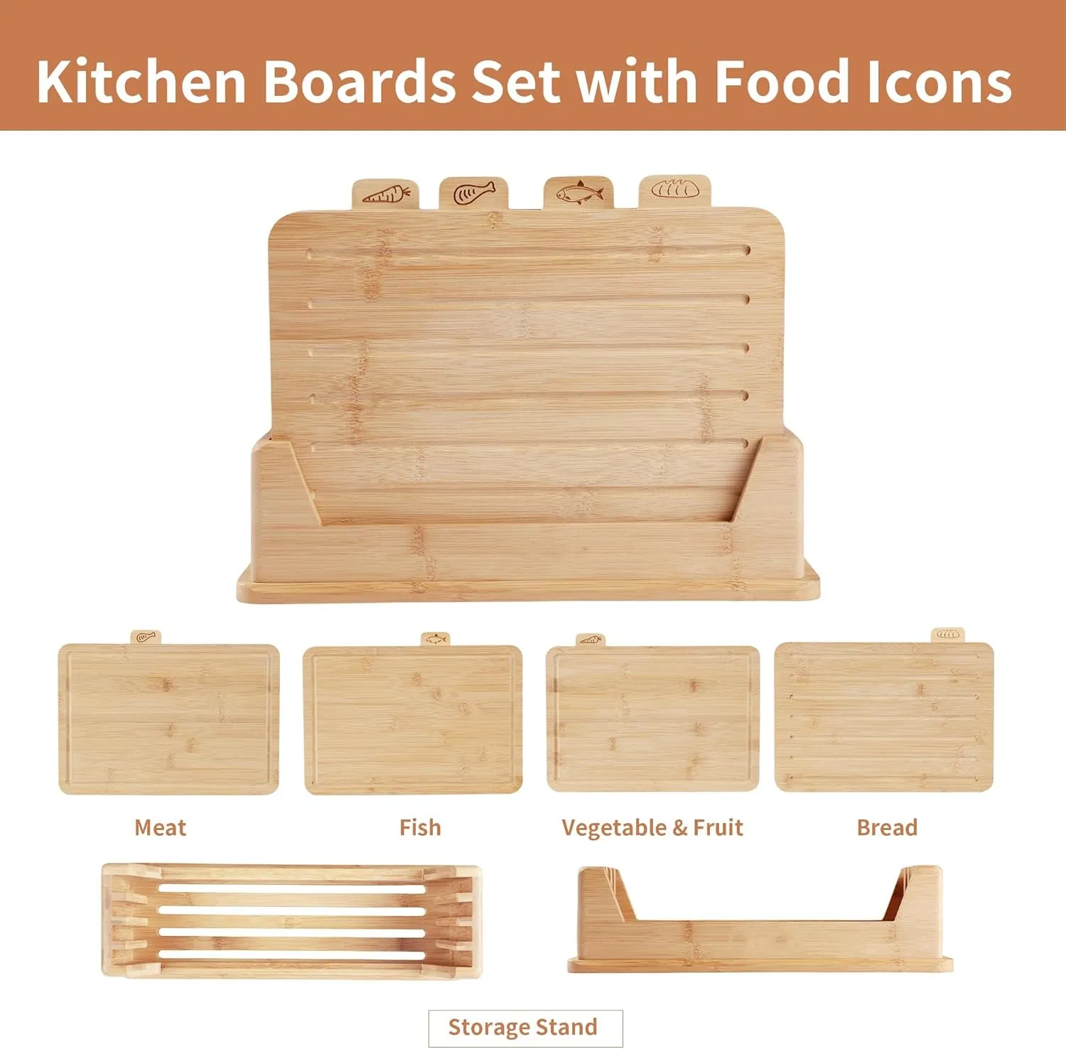 Wood Cutting Board Set with Holder, Chopping Boards Set with Food Icons, Juice Groove