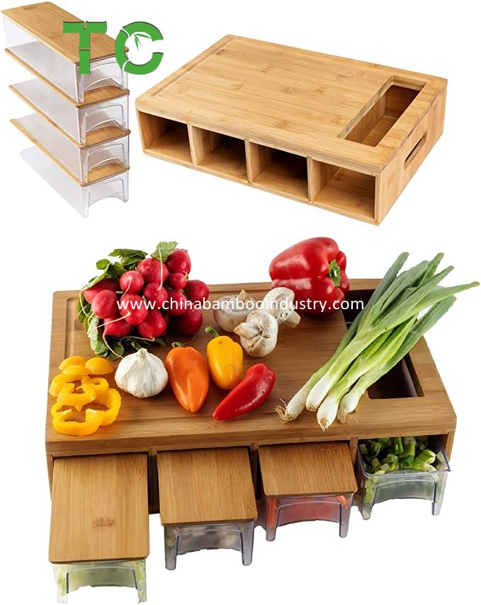 Newly Innovated Multi-Purpose Bamboo Cutting Board with Trays/Drawers/Container, Chopping Board with Juice Grooves, Easy-Grip Handles &amp; Food Sliding Opening