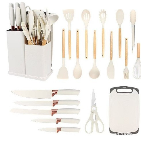 Newest 19 Piece Set of Silicone Kitchen Utensil Set with Wooden Handle and Cuttings Board Storage Bucket Kitchen Gadget Set