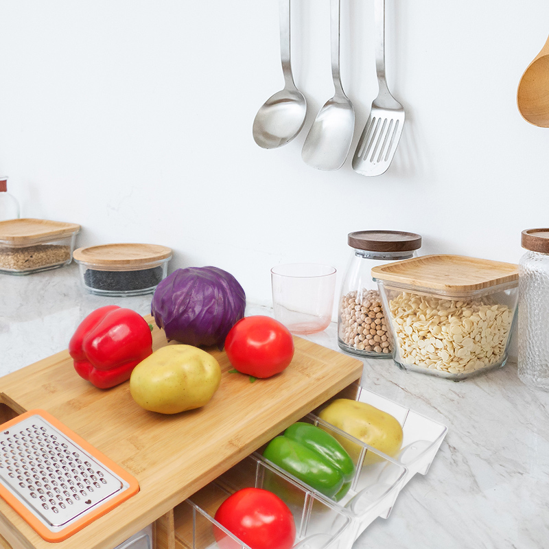 Bamboo Cutting Board with Stackable Container Drawers and Graters