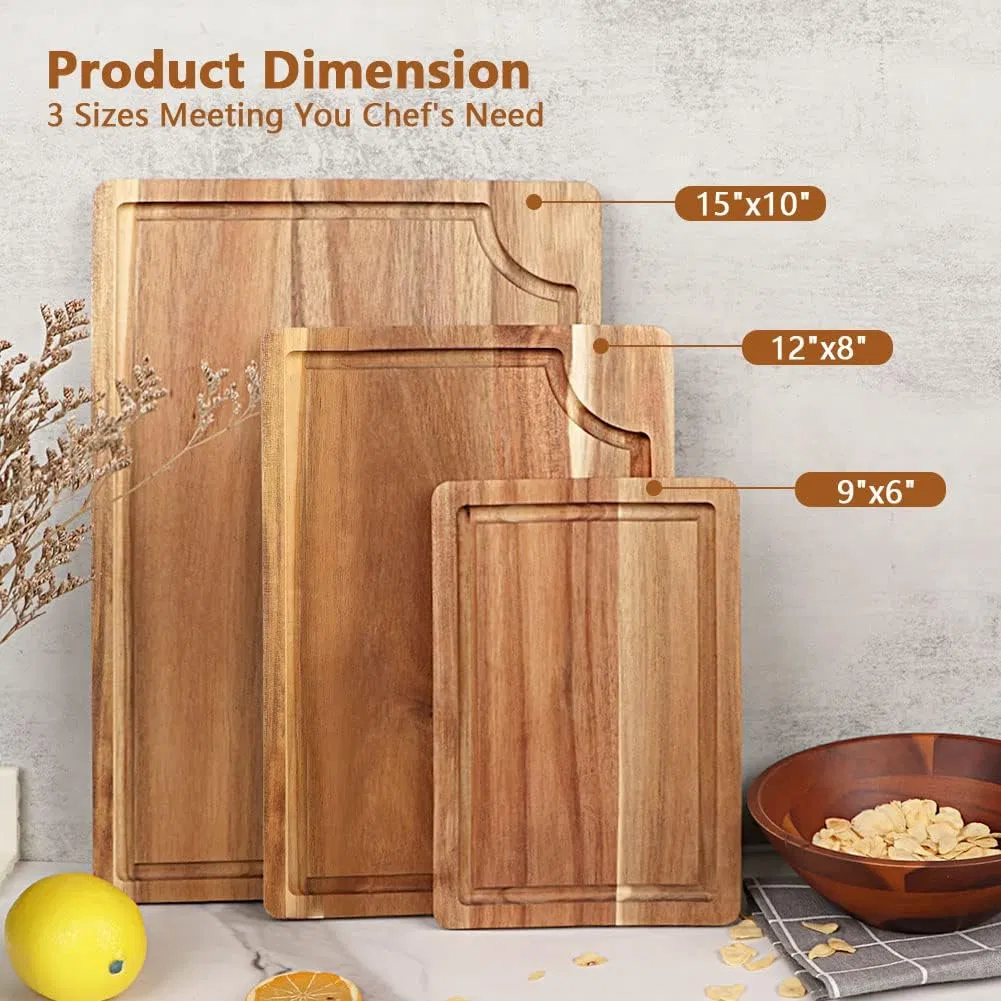 3PCS Acacia Chopping Board Set Wood Cutting Board with Juice Groove for Kitchen Meat Vegetable