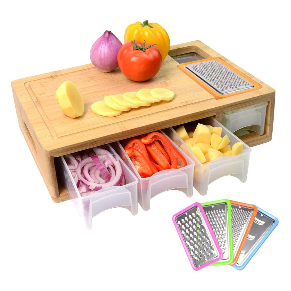 Bamboo Cutting Board with Stackable Container Drawers and Graters