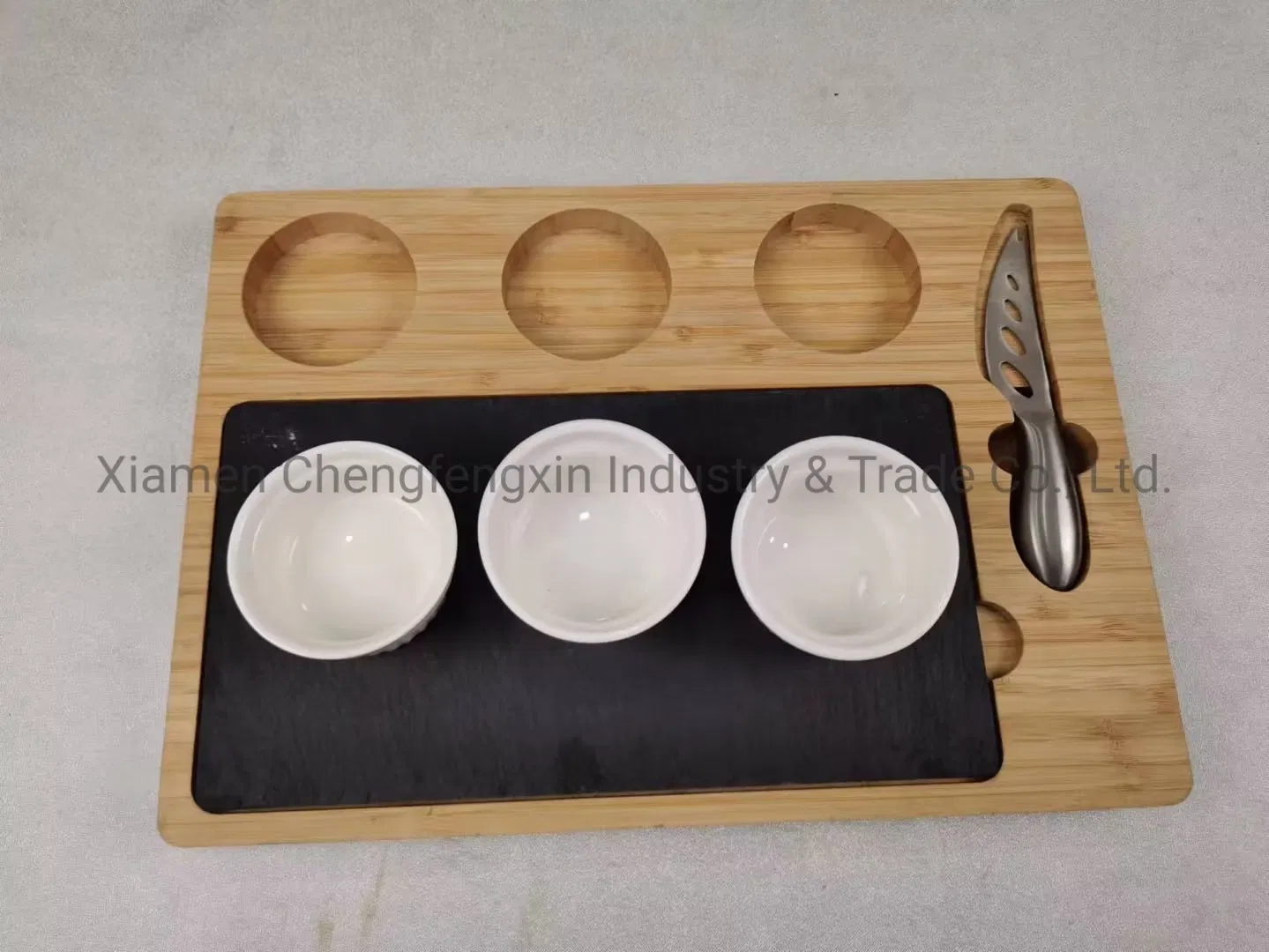 Premium Bamboo Cutting Board Set with Slate Serving Bowl and Cheese Tools