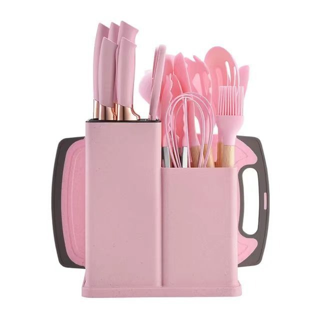 19 Piece Colorful Silica Gel Kitchenware with Wooden Handle and Cuttings Board Storage Basket Kitchen Utensils Set
