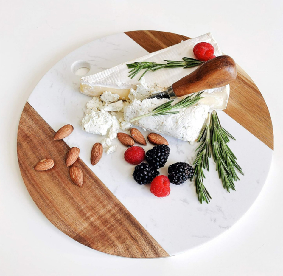 12" Round Marble Cheese Cutting Board with Acacia Accent