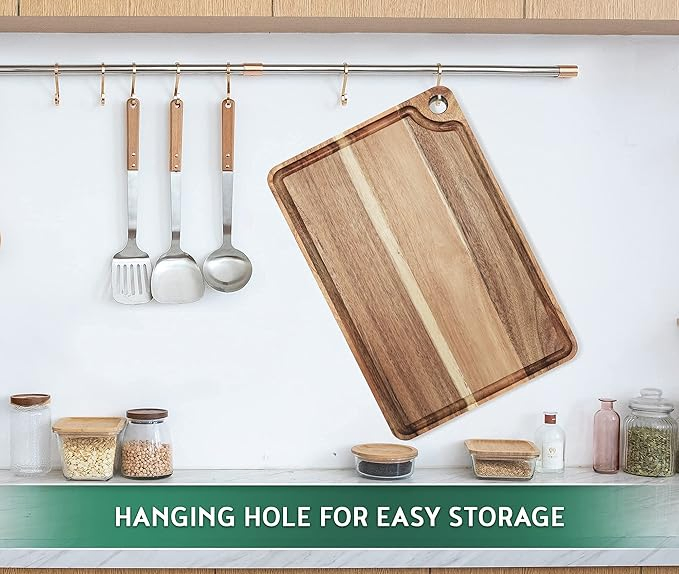 Wood Cutting Boards for Kitchen, Large Cutting Board, Wooden Cutting Boards with Juice Grooves, Chopping Board for Meat, Veggies, Easy Grip Handle