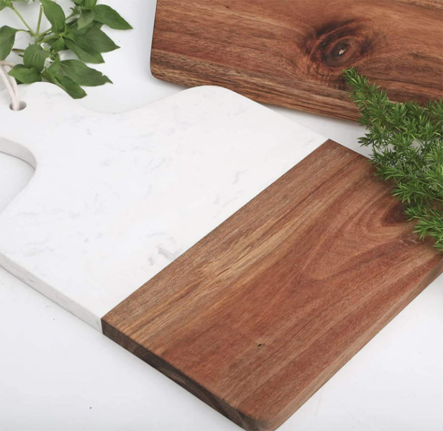 Marble and Natural Wood Cutting Board for Steak Fruits with Handle