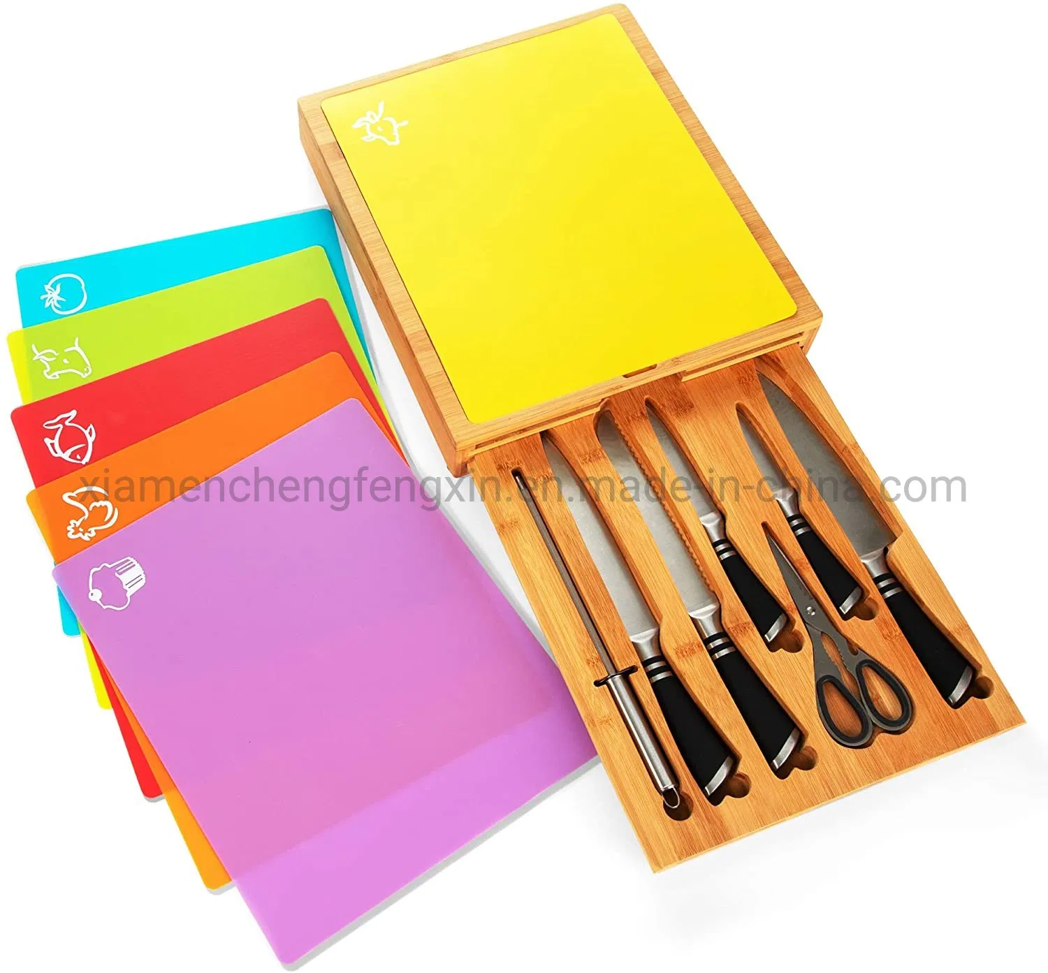 Xosmos Professional Bamboo Cutting Board with Durable 7 Piece Knife Set and BPA-Free Mats - Premium Chopping Boards, Space Saving Butcher Blocks - Kitchen Acces