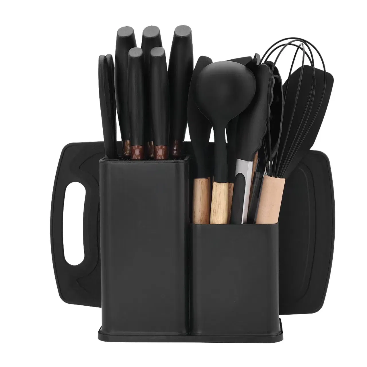 Newest 19-Piece Set of Silica Gel Kitchen Utensil Set with Wooden Handle and Cuttings Board Storage Bucket Kitchen Gadget Set