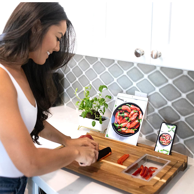 Large Acacia Wood Cutting Board - 4 Piece Set - Phone, iPad, Tablet Stand - Extra Containers/Compartments Chopping Block