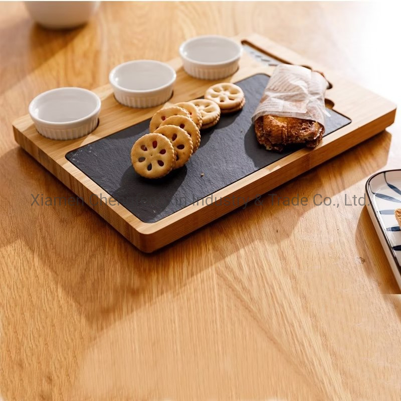 Premium Bamboo Cutting Board Set with Slate Serving Bowl and Cheese Tools