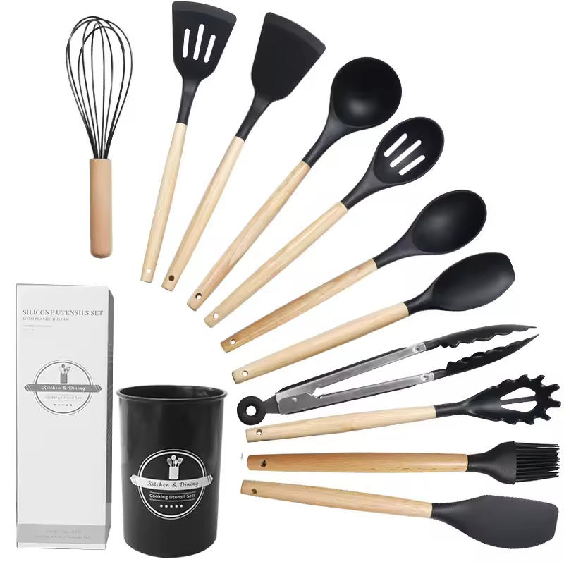 Newest 19 Piece Set of Silicone Kitchen Utensil Set with Wooden Handle and Cuttings Board Storage Bucket Kitchen Gadget Set
