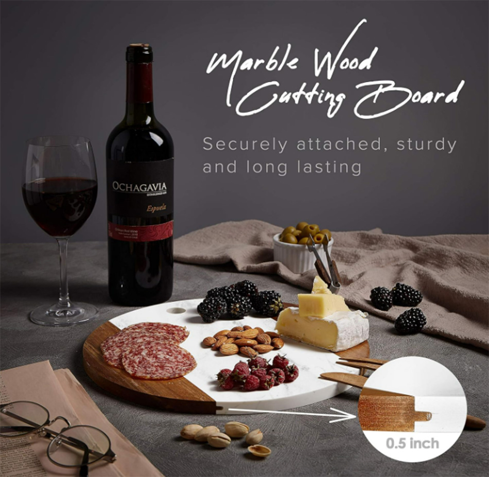 12" Round Marble Cheese Cutting Board with Acacia Accent