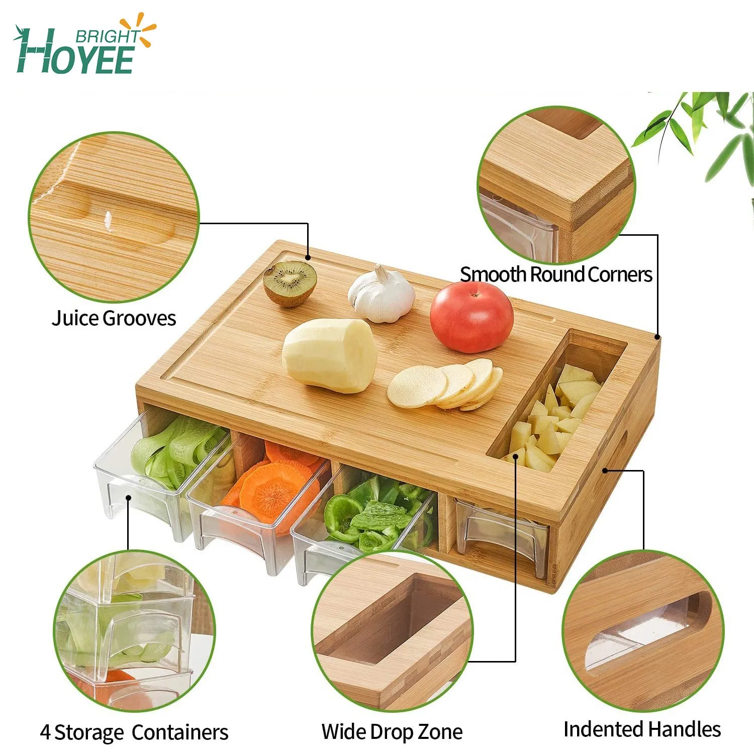Bamboo Cutting Board with 4 Containers Large Chopping Board with Juice Grooves Easy-Grip Handles