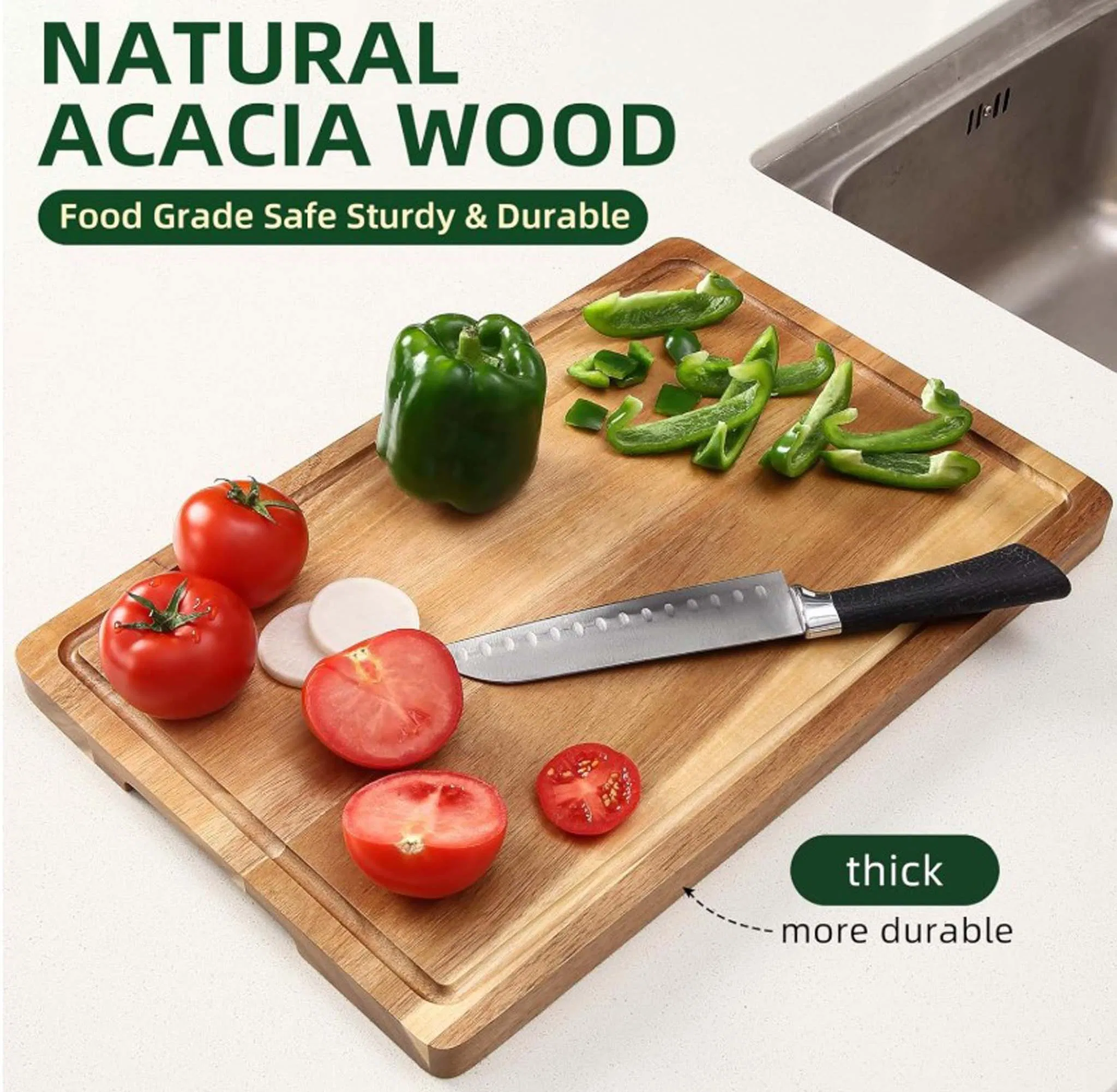 Extra Large 18X12 Acacia Wood Cutting Board with Deep Juice Grooves