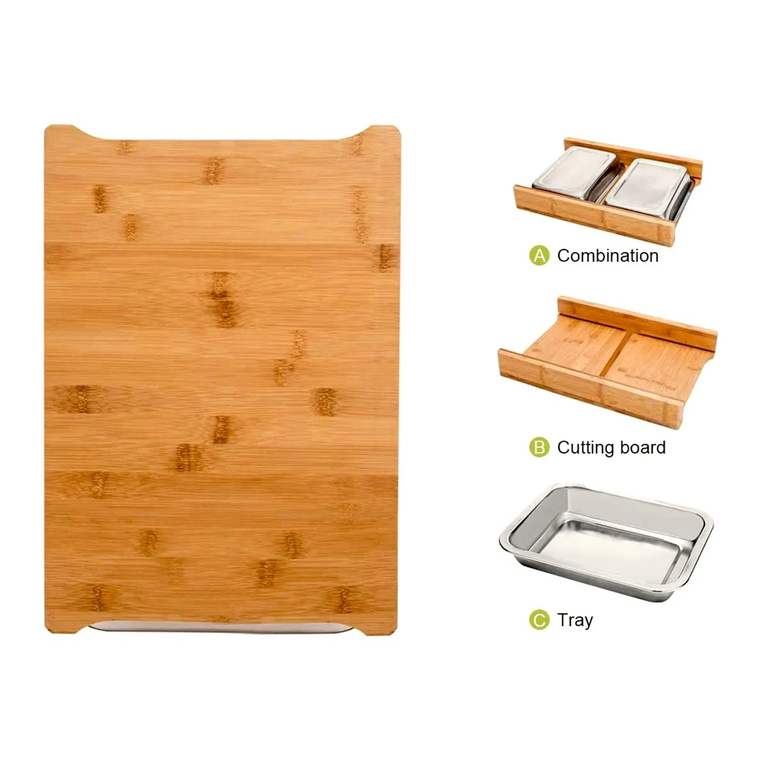 Bamboo Wood Cutting Board Set with Double Stainless Steel Container, Chopping Board, Chopping Blocks for Kitchen