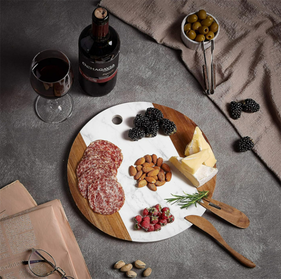 12" Round Marble Cheese Cutting Board with Acacia Accent