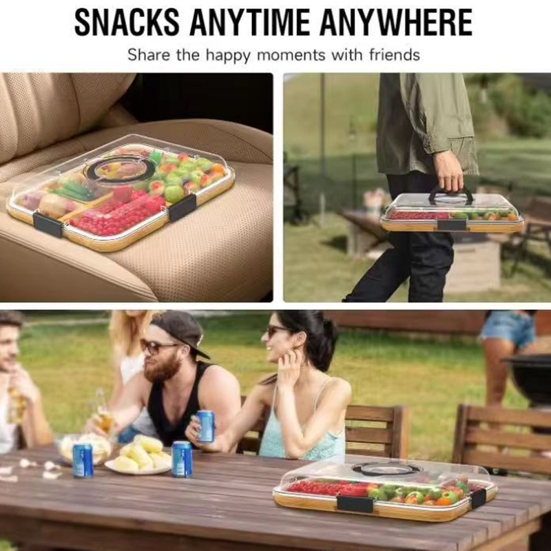 Travel Portable Bamboo Wood Cutting Board with Compartments and Clear Locking Lid for Charcuterie Snacks Serving Cheese Board