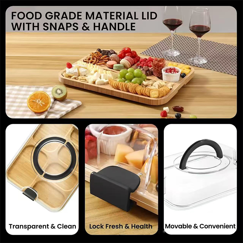 Travel Portable Bamboo Wood Cutting Board with Compartments and Clear Locking Lid for Charcuterie Snacks Serving Cheese Board