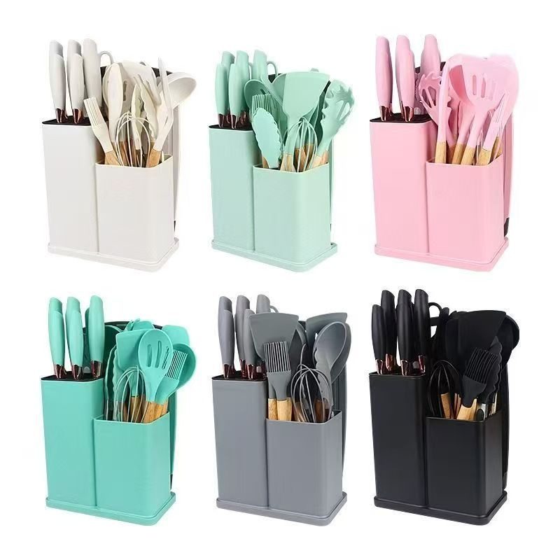 Newest 19-Piece Set of Silica Gel Kitchen Utensil Set with Wooden Handle and Cuttings Board Storage Bucket Kitchen Gadget Set