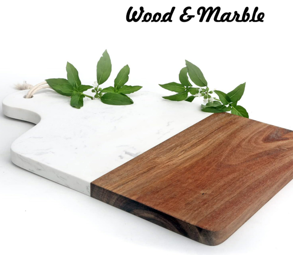 Marble and Natural Wood Cutting Board for Steak Fruits with Handle