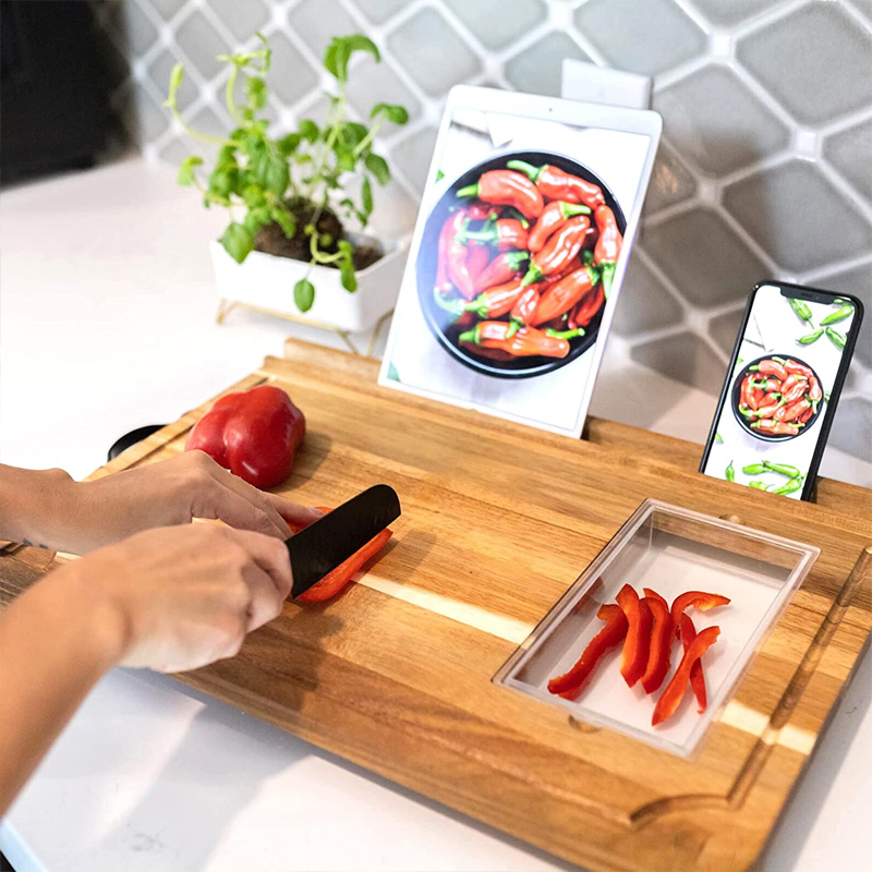 Large Acacia Wood Cutting Board - 4 Piece Set - Phone, iPad, Tablet Stand - Extra Containers/Compartments Chopping Block