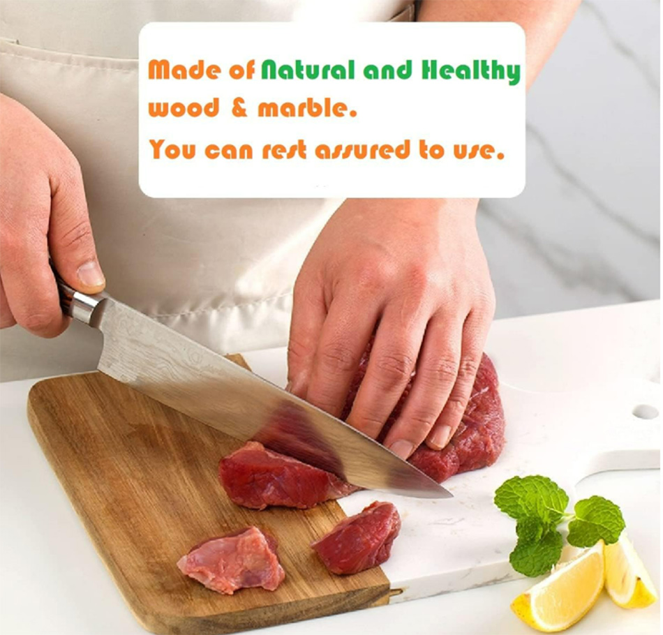 Marble and Natural Wood Cutting Board for Steak Fruits with Handle