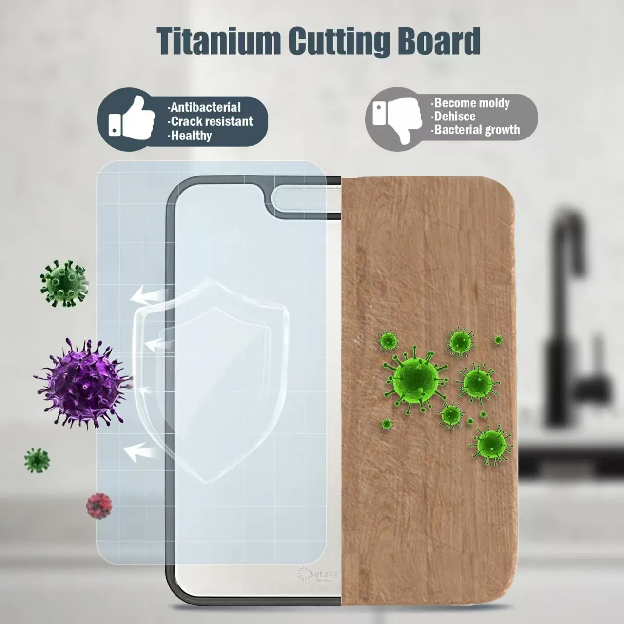 Kitchen Food-Grade Pure Titanium Cutting Board Double Sided 15\"X10\" Easy Clean Large Size for Wheat Straw PP Chopping Blocks