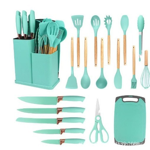 Newest 19 Piece Set of Silicone Kitchen Utensil Set with Wooden Handle and Cuttings Board Storage Bucket Kitchen Gadget Set