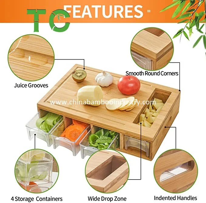 Bamboo Cutting Board with 4 Containers, Large Chopping Board with Juice Grooves, Easy-Grip Handles &amp; Food Sliding Opening