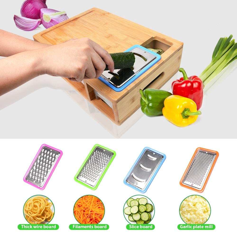 Bamboo Cutting Board with Stackable Container Drawers and Graters