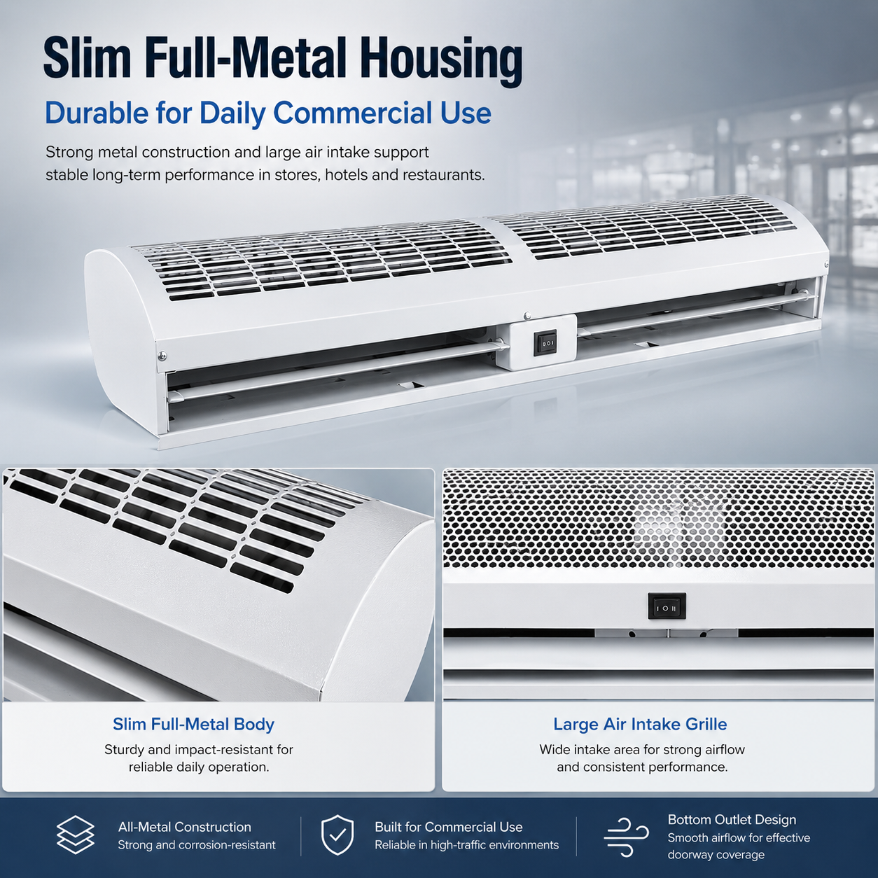 Commercial Air Curtain Door Air Barrier Cross Flow Fan Slim Full Metal Housing For Shop Restaurant Hotel Entrance