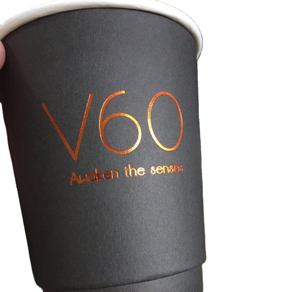 Disposable All Black Inside Sleeve Compostable Branded Custom logo Stamping Double Wall Coffee Paper Cups with Lids