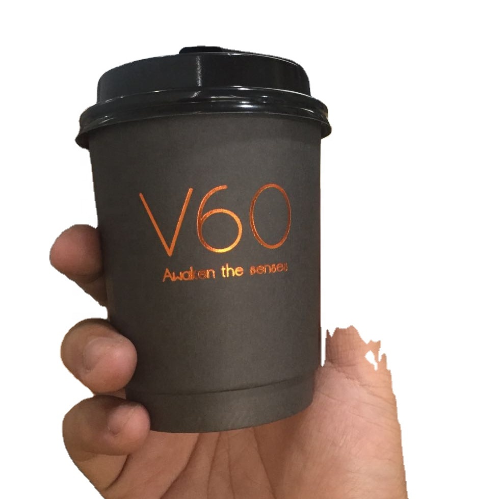 Disposable All Black Inside Sleeve Compostable Branded Custom logo Stamping Double Wall Coffee Paper Cups with Lids