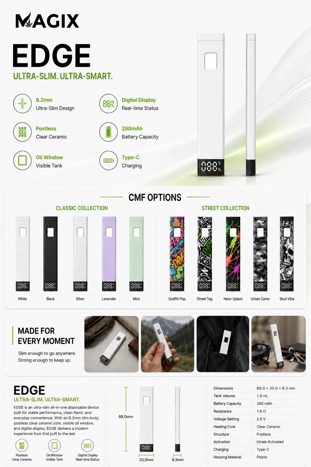 Compact Inhale Activated Vape Device with Oil Window and Type-C Charging Pod System