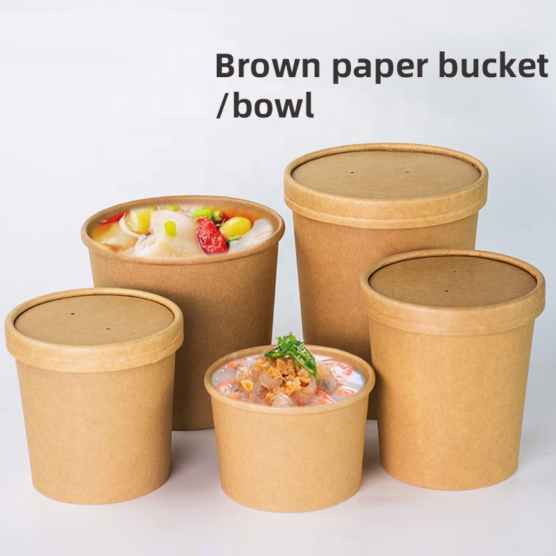 Custom Print Paper Lunch Bowl Disposable 24oz Soup Bowls Food Kraft Paper Salad Bowls with Lid