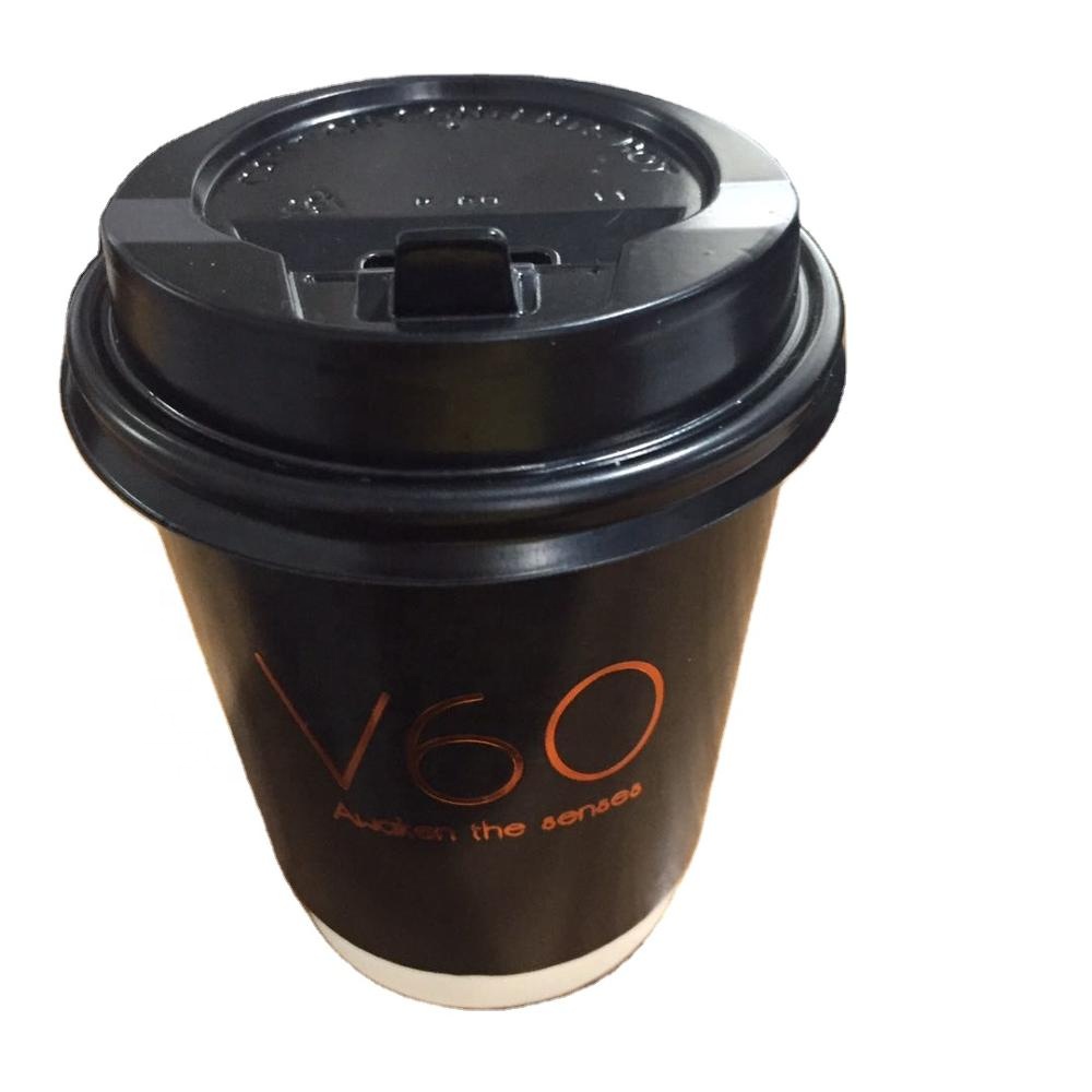 Disposable All Black Inside Sleeve Compostable Branded Custom logo Stamping Double Wall Coffee Paper Cups with Lids