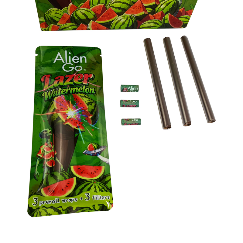 Alien Go New Watermelon Flavor Paper Tips Custom Logo Zipper Mylar Bags Cone Piece And Stem Pre Roll For Smoking