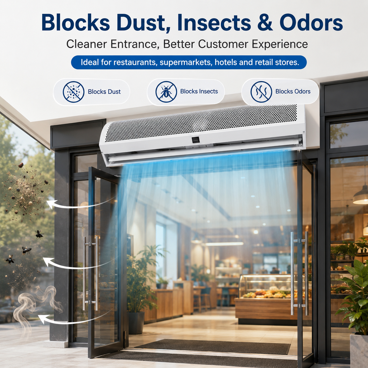 Commercial Air Curtain Door Air Barrier Cross Flow Fan Slim Full Metal Housing For Shop Restaurant Hotel Entrance