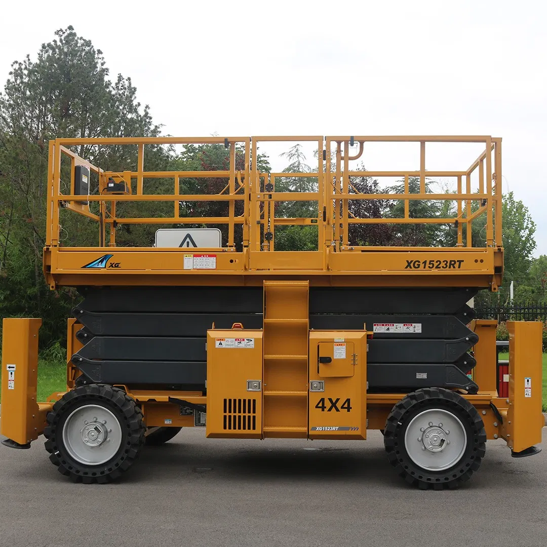 Construction Equipment 15m Diesel Rough Terrain Lifting Platform Xg1523rt Mini Hydraulic Aerial Work Platform Mobile Scissor Lift Table Platform for Sale