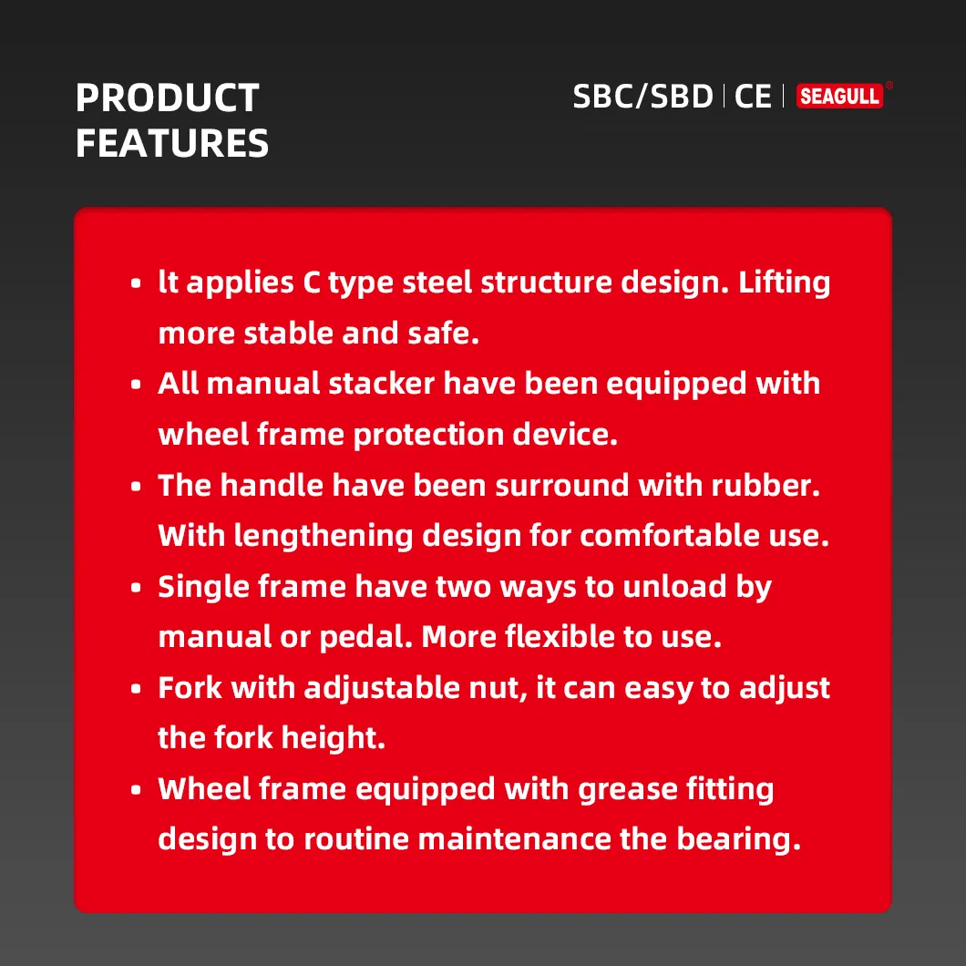 Seagull 500kg 1000kg 1500kg 2000kg Single/Double Frame Series Hydraulic Hand Forklift Manual Stacker