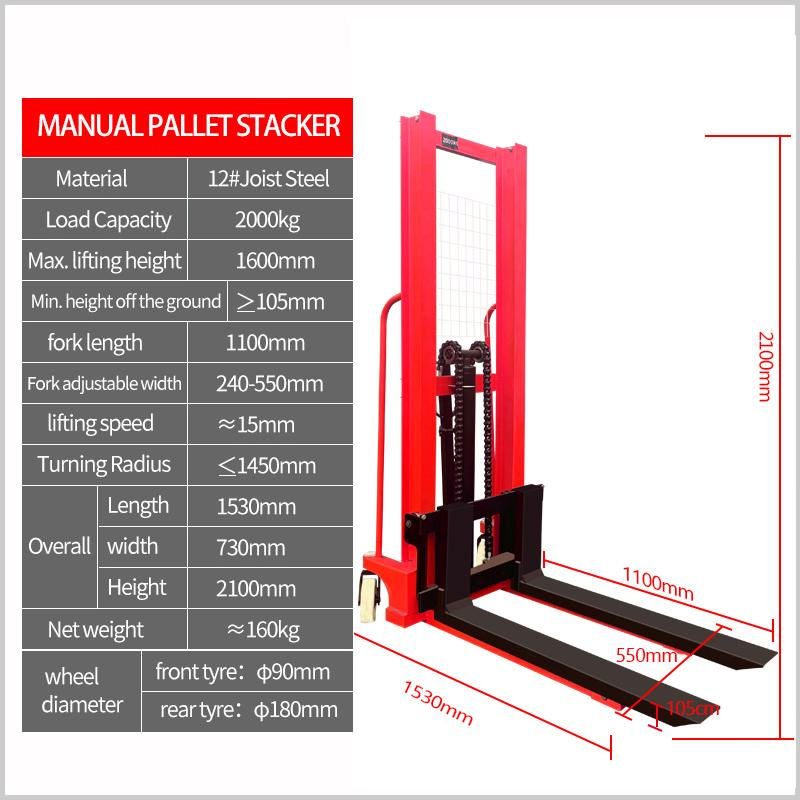 Manual Pallet Truck Stacker 2200lbs Capacity 63" Hydraulic Lift Height Adjustable Forks