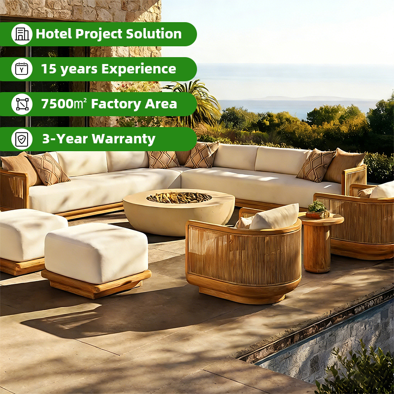 Nordic Outdoor Furniture Modern Teak Modular Sectional Sofa Set Solid Wood L-shaped Balcony Garden Sofa Hotel Villa Waterproof