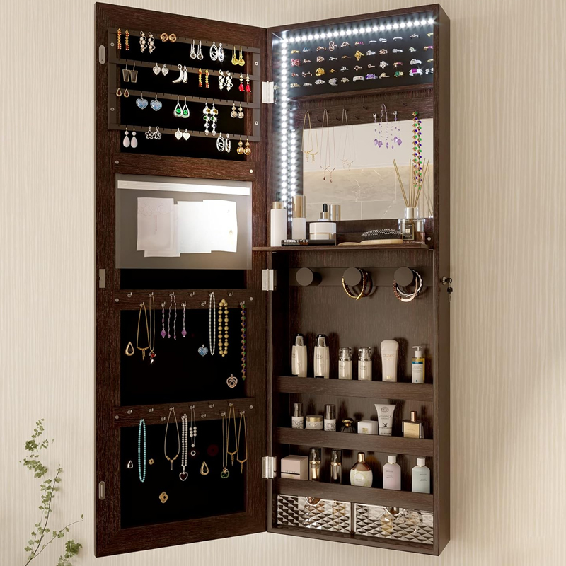 Wall Full Length Mirror Jewelry Armoire Cabinet With Lights,Jewelry Organize Storage, Home Furniture MDF Wood Mirror Armoire