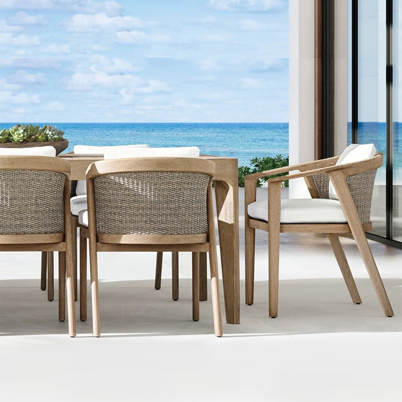 Outdoor Furniture Courtyard Garden High Quality Teak Wood Dining Table Rattan Dining Chair Set